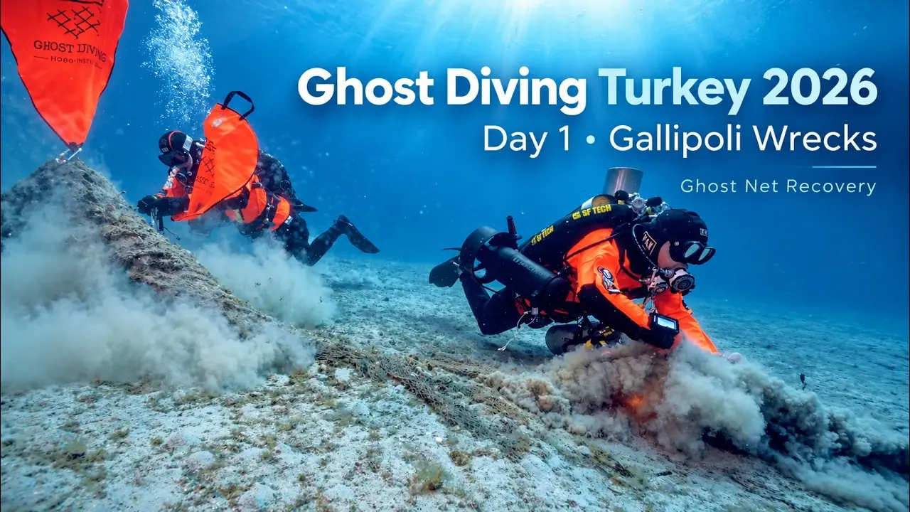 Two divers in orange suits recovering a ghost net from the seabed off Gallipoli, with a lift bag above