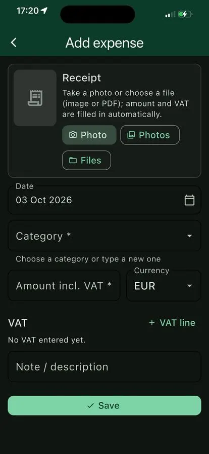 Add expense screen with photo, files and VAT fields