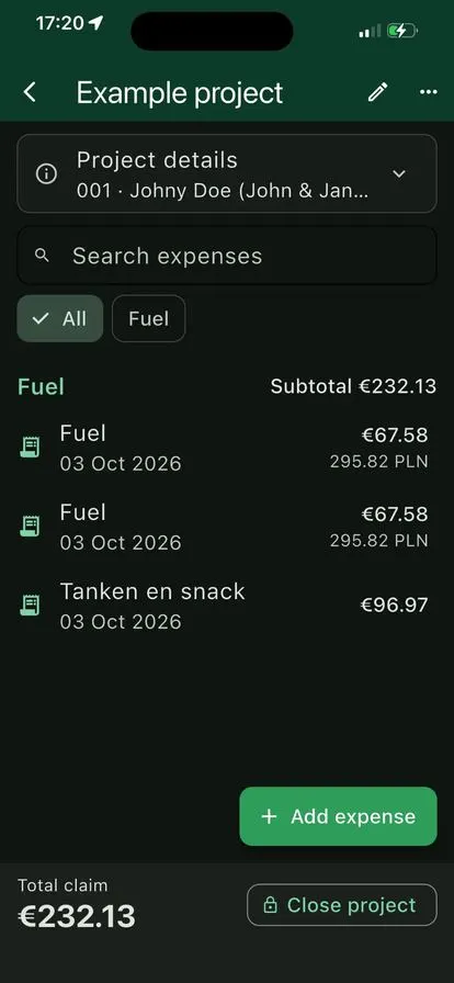 Project with expenses grouped by category and total claim