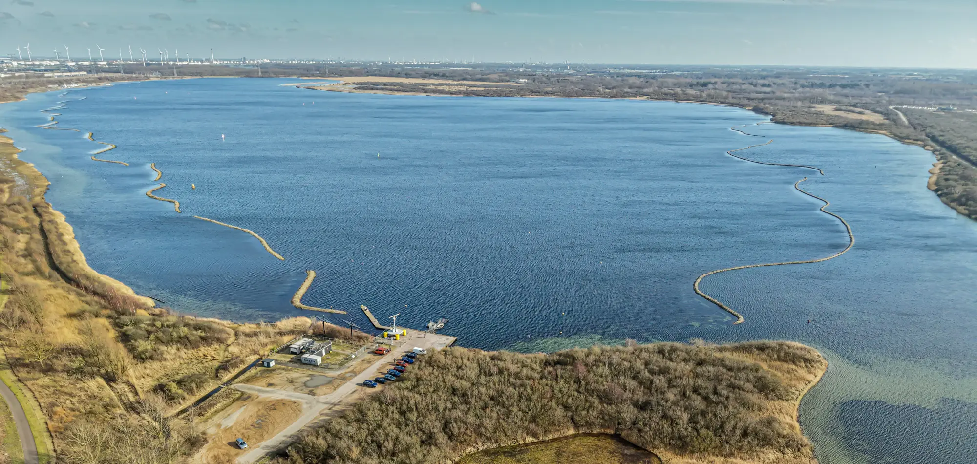 Aerial view of the Oostvoornse Meer with the entry points along the shore